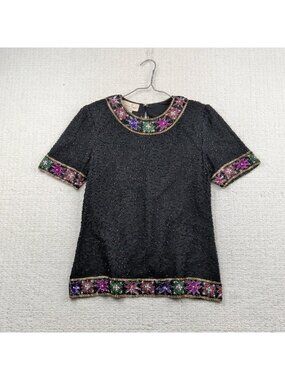 Vintage Laurence Kazar Multicolor Sequin Beaded Silk Glam Cocktail Top Size 8